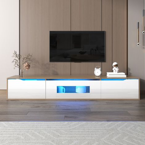 Meuble TV laqué brillant - Blanc et bois - Éclairage LED RGB intégré - Commande à distance (1/5)