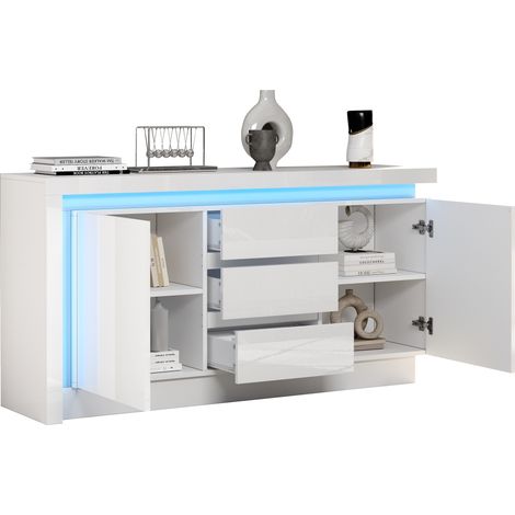 Buffet et Enfilade avec 2 Portes, 3 Tiroirs et Étagères Réglables, LED, en Panneau de Particules, 140×35×72 cm, Blanc