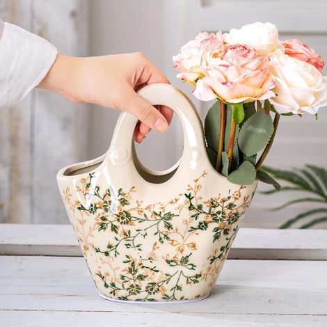 Ceramic Purse Vase for Flowers, Cute Handbag Vase, Vintage Green and Beige Floral Vase, Rustic Farmhouse Vase for Living Room, Kitchen, Bedroom, Table Centerpiece, Chinoiserie and Tuscan Decor 9 Inch (1/5)