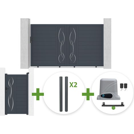 Portail coulissant 3m LIFE H.180cm gris + Portillon 1m LIFE H.180cm gris + 4 poteaux ELDA + motorisation Ranger C300 (1/5)