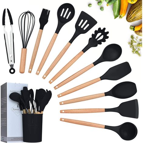 Ustensiles de Cuisine,12PCS Kit d'Ustensiles de Cuisine en Silicone et Bois, Ustensiles Cuisine Antiadhésive Set avec Pot de Rangement,Silicone de qualité Alimentaire (Noir) (1/5)