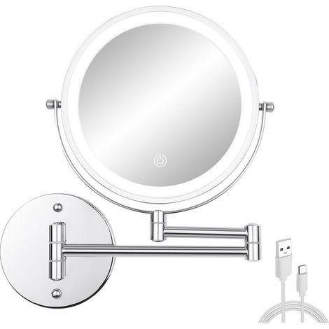 Miroir de maquillage mural avec lumières, 20,3 cm double face 3x, miroir de rasage grossissant pour salle de bain avec, miroir cosmétique extensible rechargeable (1/5)