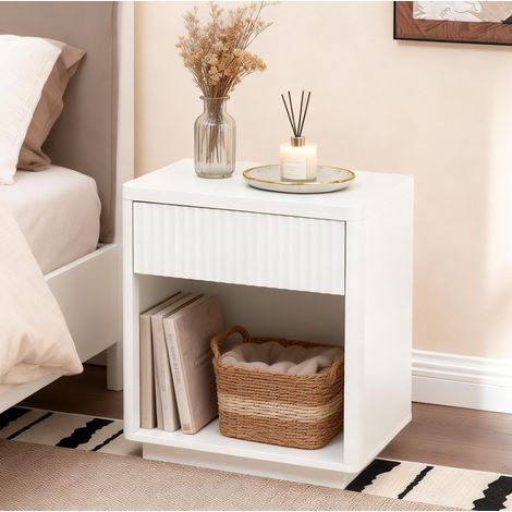 Mesita de noche con cajón y estante abierto (63.5x38x46.5 cm), diseño moderno, MDF blanco (1/5)
