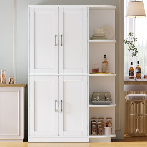 Armoire de cuisine haute, rangement avec 4 portes et 4 étagères ouvertes, buffet de provisions à tablettes réglables pour salon et salle à manger, 103 × 40 × 163 cm (1/5)
