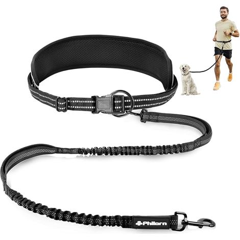 Laisse mains libres pour chien avec ceinture large pour chiens de taille moyenne et grande pour promener, jogging, randonnée avec deux poignées et élastique durable Noir (1/5)