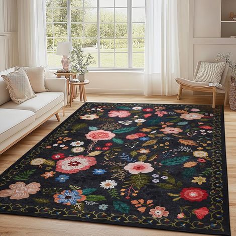 Tapis Salon - 140x200cm - Motif Floral Vintage - Antidérapant et Lavable - Pour Chambre et Bureau - Noir (1/5)