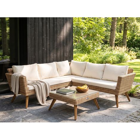 Conjunto de jardín de ratán sofá esquinero y mesa de centro blanco crema Vittoria (1/5)