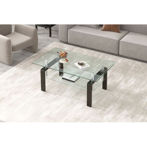Table basse en verre trempé transparent avec étagère en verre, pour salon et salle de thé (1/5)