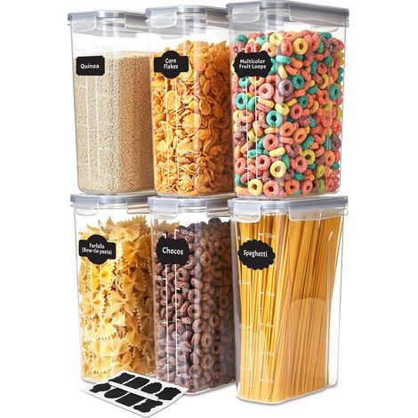 Boite de Rangement Cuisine (Lot de 6) - Plastique sans BPA - Bocaux Hermetiques Alimentaires en Scellée avec Couvercle - Conservation Farine, Sucre, Pates, Céréales, Riz (1/5)