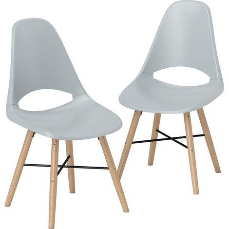 Lot de 2 chaises grises en plastique avec dossier incurvé et pieds en hévéa, design moderne pratique pour salle à manger (1/5)