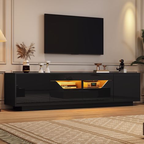 Meuble TV bas 180 x 40 x 45 cm avec LED, 2 tiroirs, 2 portes et 2 espaces semi-ouverts, noir (1/5)