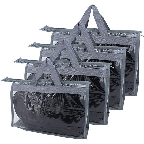 Lot de 4 sacs à main - En PVC épais - Transparent - Organiseur pour armoire suspendue - Avec fermeture éclair et poignée - Gris (1/5)