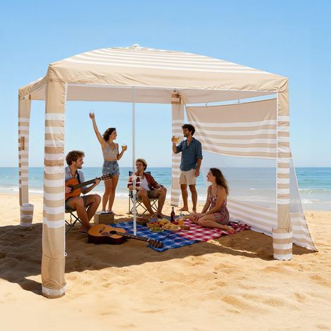 Protection Solaire Optimale Abri de Plage 2,4x2,4m Tente Portable UPF 50+ Parois Latérales et Poches à Sable (1/5)
