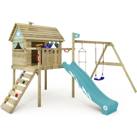 Wickey Smart Travel playhouse on stilts with swing and playhouse in sky blue