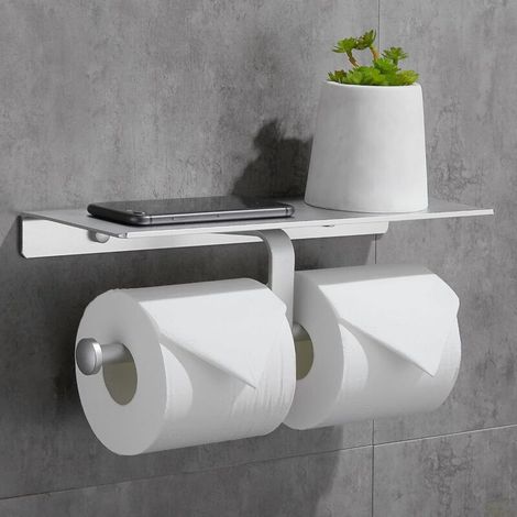 Porte Rouleau de Papier Toilette Hygiénique sans Perçage avec Etagère de Téléphone Portable Support Mural Double pour Salle de Bains (Argent)