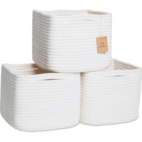 Cubes de rangement tressés en corde de coton biologique, lot de 3, idéaux pour optimiser l'espace, paniers (blancs) (1/5)
