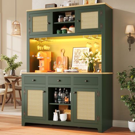 Buffet de cuisine haut 120x40x180 cm - meuble de rangement LED avec rotin PE - étagères réglables - tiroirs - anti-basculement - MDF - vert - vert antique (1/5)