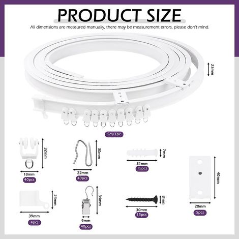 5-meter PVC plastic curved track hook set for curtains, including accessories, U-shaped and L-shaped flexible tracks. (1/5)