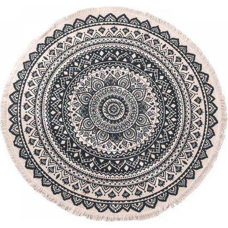 Tapis Rond - Coton Tissé Main - Motif Géométrique Noir et Blanc - Franges et Pompons - Diamètre 90 cm - Pour Salle de Bain Cuisine Chambre Séjour (1/5)