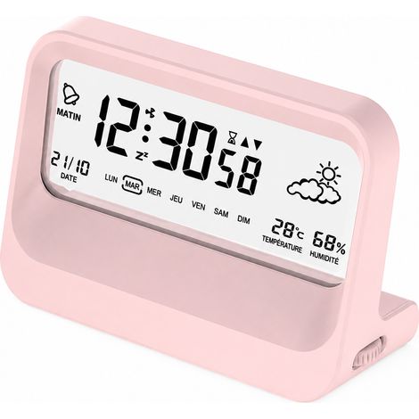 Réveil électronique digital multifonction rose avec écran LCD transparent, thermomètre et hygromètre rose 13 × 1,5 × 9 cm 116 g – Livraison gratuite