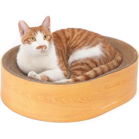 Griffoir pour Chat, Grattoir-Lounge en Carton, 2-en-1 Plateau à Griffes, Ovale avec Lit Intégré, Durable et Moderne en Forme de Bol, Protège-Meubles contre les Griffures de Chat, Couleur Bois (1/5)