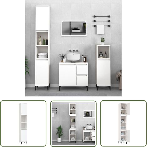 The Living Store Armoire de salle de bain blanc 30x30x190 cm bois d'ingénierie - Meuble De Salle De Bain - Armoire De Salle De Bain - Rangement Salle De Bain - Commode Salle De Bain - Armoire Blanche (1/5)