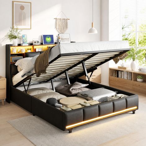 Lit coffre 140x200 cm en PU noir avec rangement hydraulique, sommier à lattes, tête de lit rembourrée moderne, chambre adulte ou ado