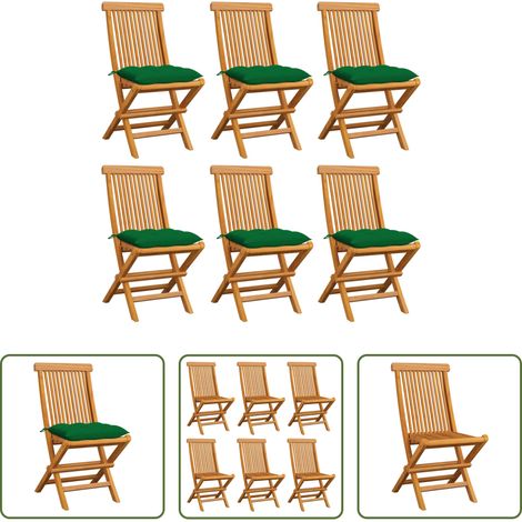 Teakholz -  Gartenstühle mit Grünen Kissen 6 Stk. Massivholz Teak (1/5)