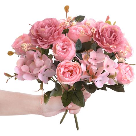 Strauß aus 2 hellrosa künstlichen Seidenrosen, ideal zur Dekoration eines Tisches oder Wohnzimmers. (1/3)