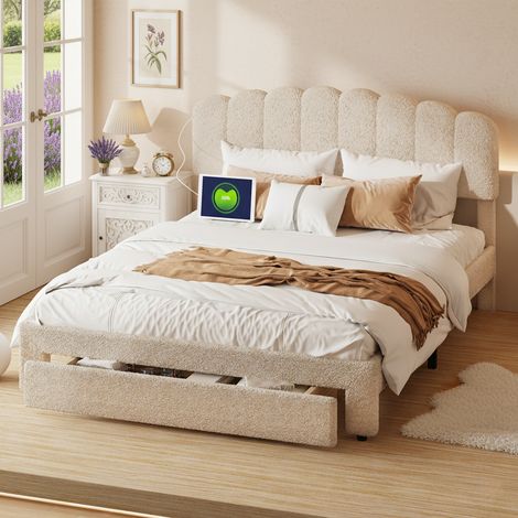 Cama de matrimonio 160 x 200 cm, estructura con 1 cajón grande, somier de lamas y cabecero ajustable con puerto de carga, tapizada en tejido de borreguito, beige (1/5)