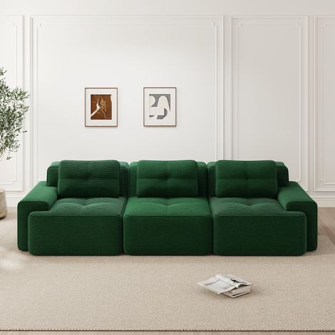 Divano modulare 3 posti, velluto scanalato – comfort profondo, Design nuvola senza struttura, 3 cuscini morbidi - Verde (1/5)