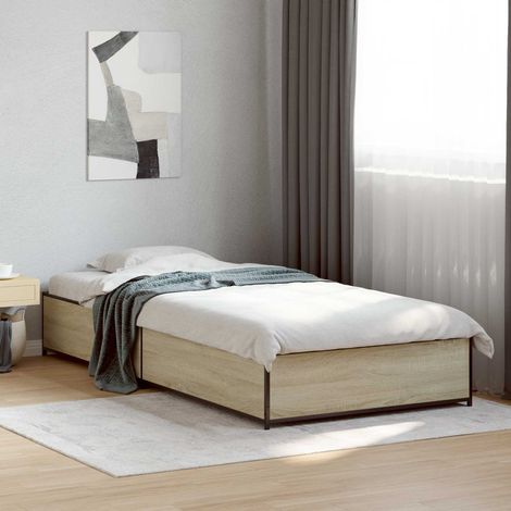 Cadre de lit 80 x 200 cm en bois d’ingénierie, lattes fixes, pieds en acier, chêne sonoma - PANGIVO (1/5)