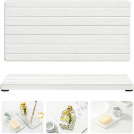 Set mit 2 saugfähigen Stein-Abtropfmatten für Waschbecken und Küchenarbeitsplatte, dekorativer Wasserhahn-Organizer, schnelltrocknender Spülmittelspender, Schwammhalter, Kommode, weiß – 20,3 cm x 9,7 