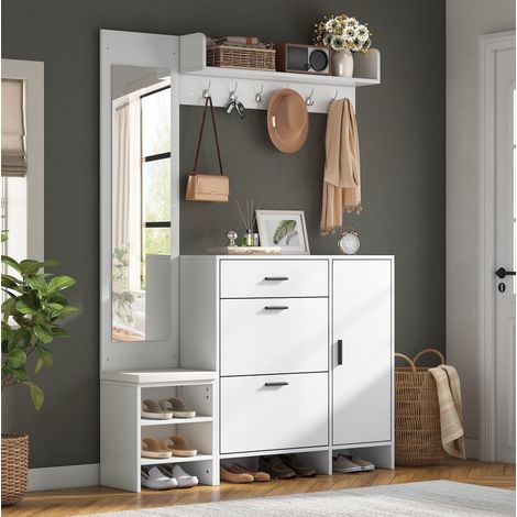 Appendiabiti d'ingresso con mobile porta scarpe, specchio e ganci, 140x30x200 cm, bianco, MDF (1/5)
