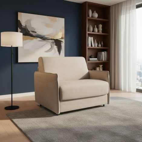 Poltrona letto Piri beige chiaro con rete elettrosaldata e materasso – Il comfort che si apre al bisogno
