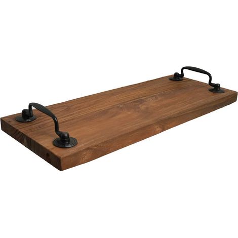 Plateau apéro 38 cm en bois de teck recyclé et poignées métal – BROOKE (1/5)