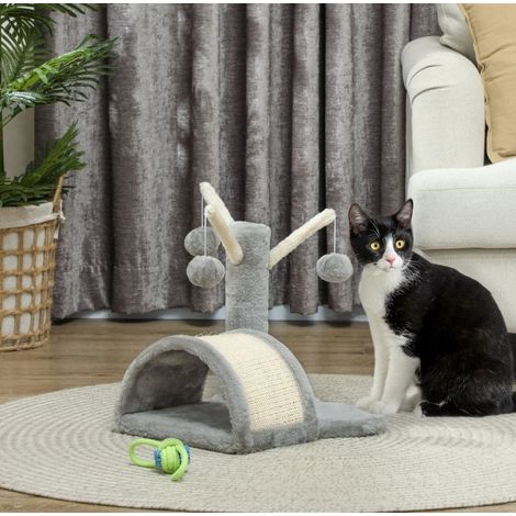 Arbre à chat compact avec grotte, plateau patte, 2 balles et tapis griffoir, en tissu doux gris clair, pour petits espaces et chats de tout âge  CHICFURN (1/5)