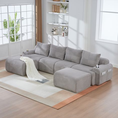 Canapé modulaire en velours côtelé 4 places avec 2 poufs, combinable librement, avec porte-gobelets et poche latérale de rangement, idéal pour salon et salle familiale, gris clair