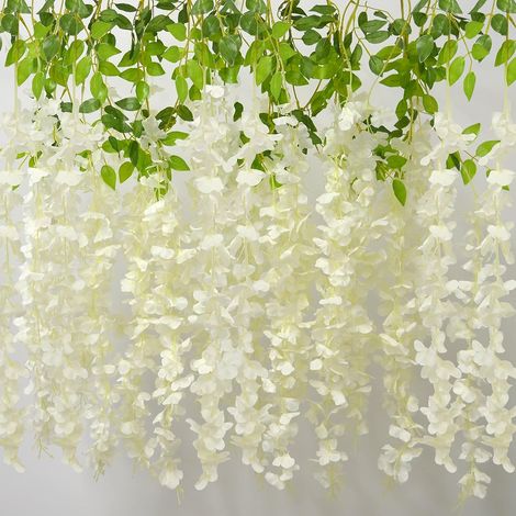 12 Pièces Artificielle Fleurs Faux Wisteria Vigne Plantes, Fleurs Artificielles de Fête, Faux Jardin Guirlande, Romantique Glycine Fleurs, Mariage, Intérieure Murale Décoration(Blanc (1/5)