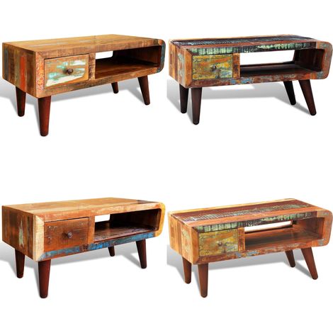 Table basse avec bord incurvé et 1 tiroir Bois de récupération - Table Basse - Table D'appoint - Meubles Anciens - Bois Recyclé - Design Vintage - Home & Living (1/5)