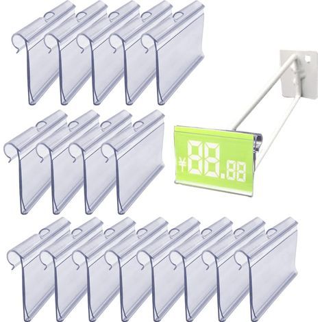 100 unidades de portaprecios de plástico transparente, soporte para carteles, etiqueta de precio con pinza (1/5)