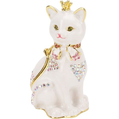Boîte à bijoux chat à charnière, ornée de strass scintillants et peinte à la main, idéale pour ranger et offrir. (1/5)