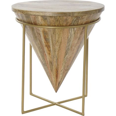 Table d'appoint en bois de manguier et métal coloris naturel / doré - diamètre 41 x hauteur 45 cm -PEGANE- (1/3)