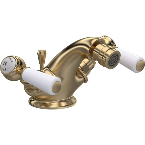 Hudson Reed Topaz Hexagonal Collar Bidet Mixer Tap with Waste Lever Handle - White/Brushed Brass (1/2)