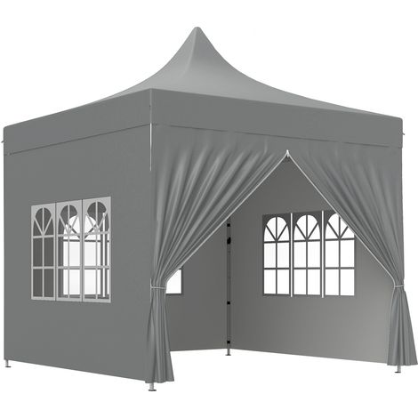 Abri de jardin pliant 3x3 m avec 4 panneaux latéraux amovibles, 3 fenêtres, hauteur ajustable, sac de transport inclus, gris (1/5)