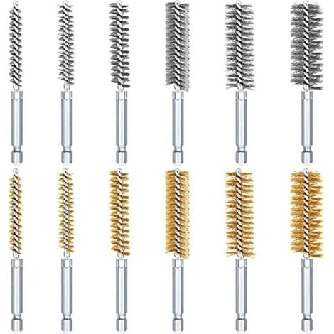 Lot de 12 brosses de nettoyage en acier inoxydable avec manche hexagonal pour trou de tuyau (1/4)