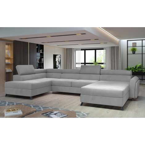 Canapé panoramique Gris clair 5 places angle gauche assise profonde 55cm CLOTIS