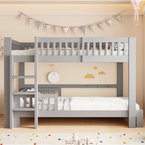 Set de 2 camas infantiles 90x200 cm modular en madera gris, litera o camas separadas con somier y barreras de seguridad para dormitorio infantil – CHICFURN (1/5)