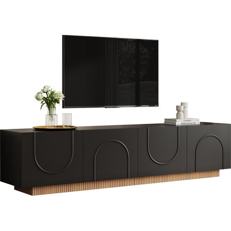 Meuble TV 170 cm, noir à façades arquées et socle en lattes, banc télévision noir en MDF et panneaux de particules, 4 portes battantes, meuble TV moderne pour salon et séjour (1/5)