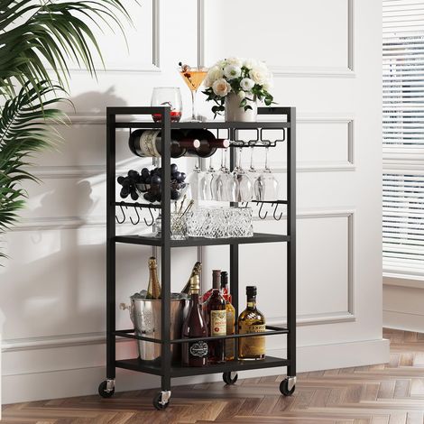 Drinks Trolley, Bar Cart with 3-Tier Shelf, Serving Trolley with Wine Rack, Glass Holder, Rolling bar cart for the Home, Living Room